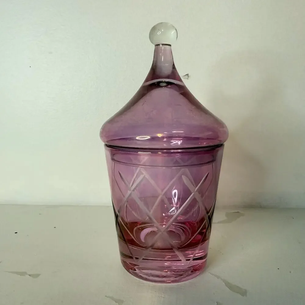 VTG MCM Iridescent Flashed Cranberry Red Pink Etched Covered Candy Dish w/ Lid
